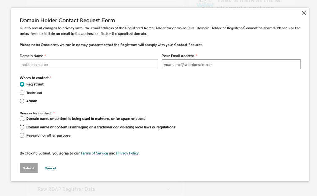GoDaddy contact form