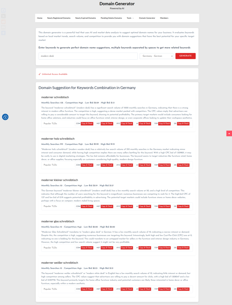 ABTdomain AI Domain Generator examples for the keyword modern desk in German