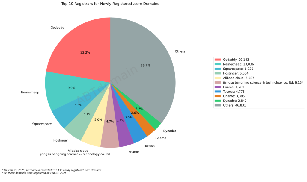 Pie chart showing the top 10 registrars for newly registered .com domains on February 25, 2025. GoDaddy leads with 22.2%, followed by Namecheap at 9.9%, Squarespace at 5.3%, and others.