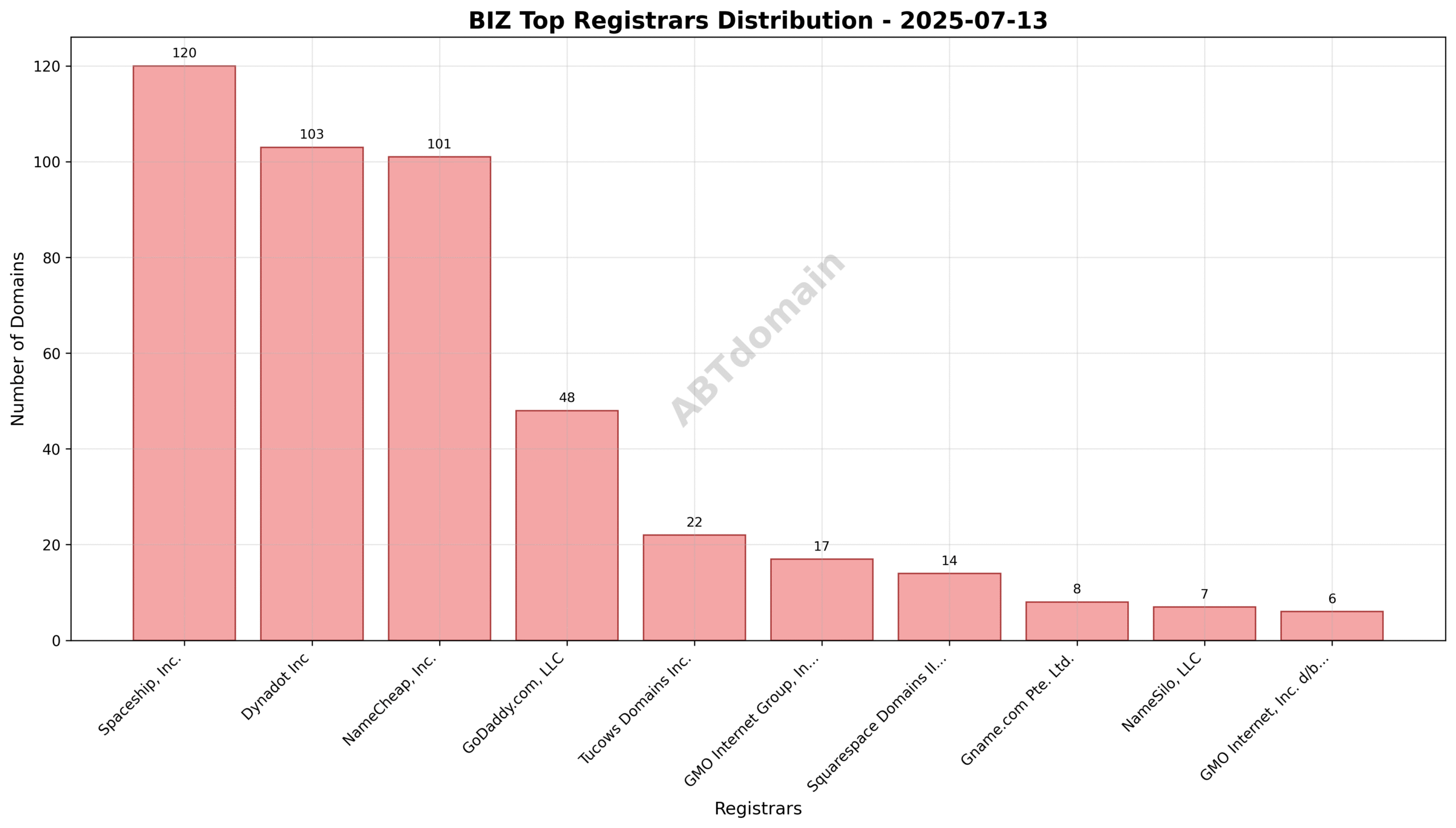 Pie chart depicting registrar market share for BIZ newly registered domains on 2025-07-13
