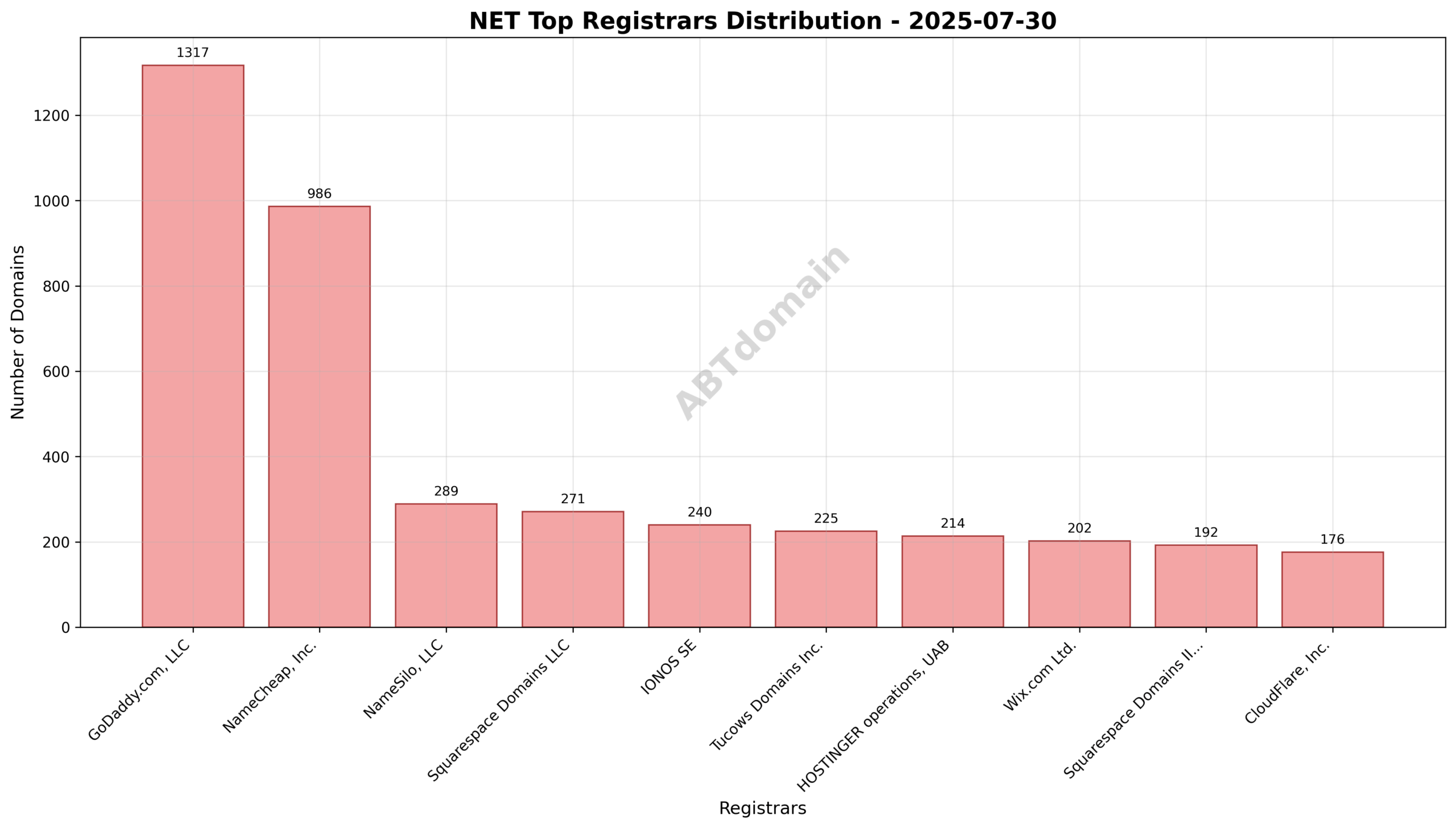 Pie chart illustrating registrar market shares for newly registered .net domains on 2025-07-30