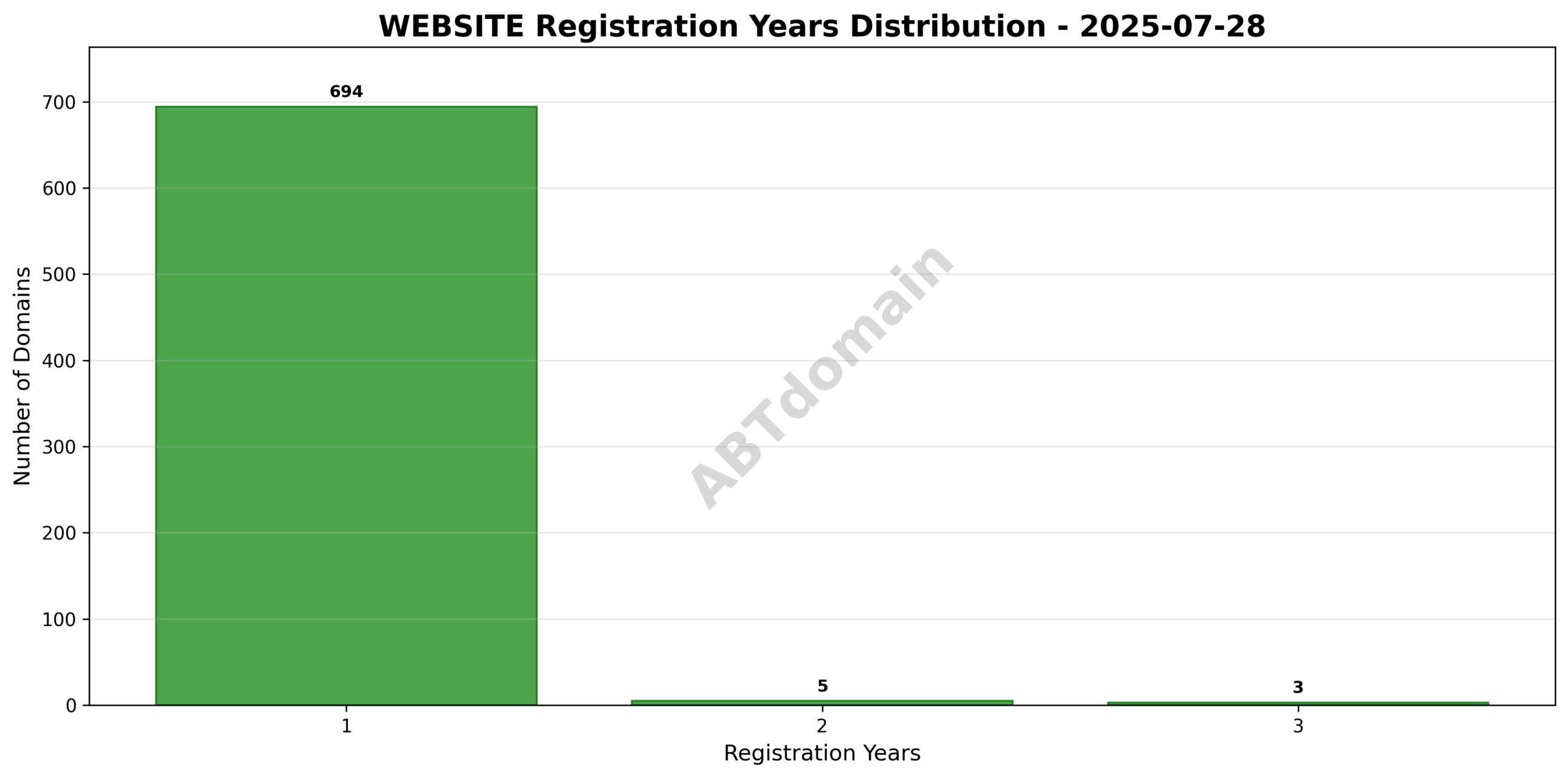 Bar chart showing distribution of registration periods for WEBSITE newly registered domains on 2025-07-28