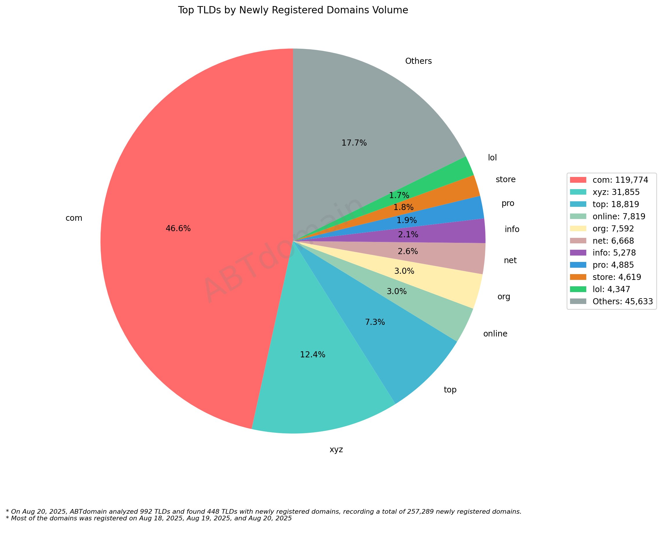 Top TLDs by Newly Registered Domains Volume - 2025-08-20: Pie chart showing .com dominates with 46.6% share (119,774 domains), followed by .xyz (12.4%) and other TLDs.