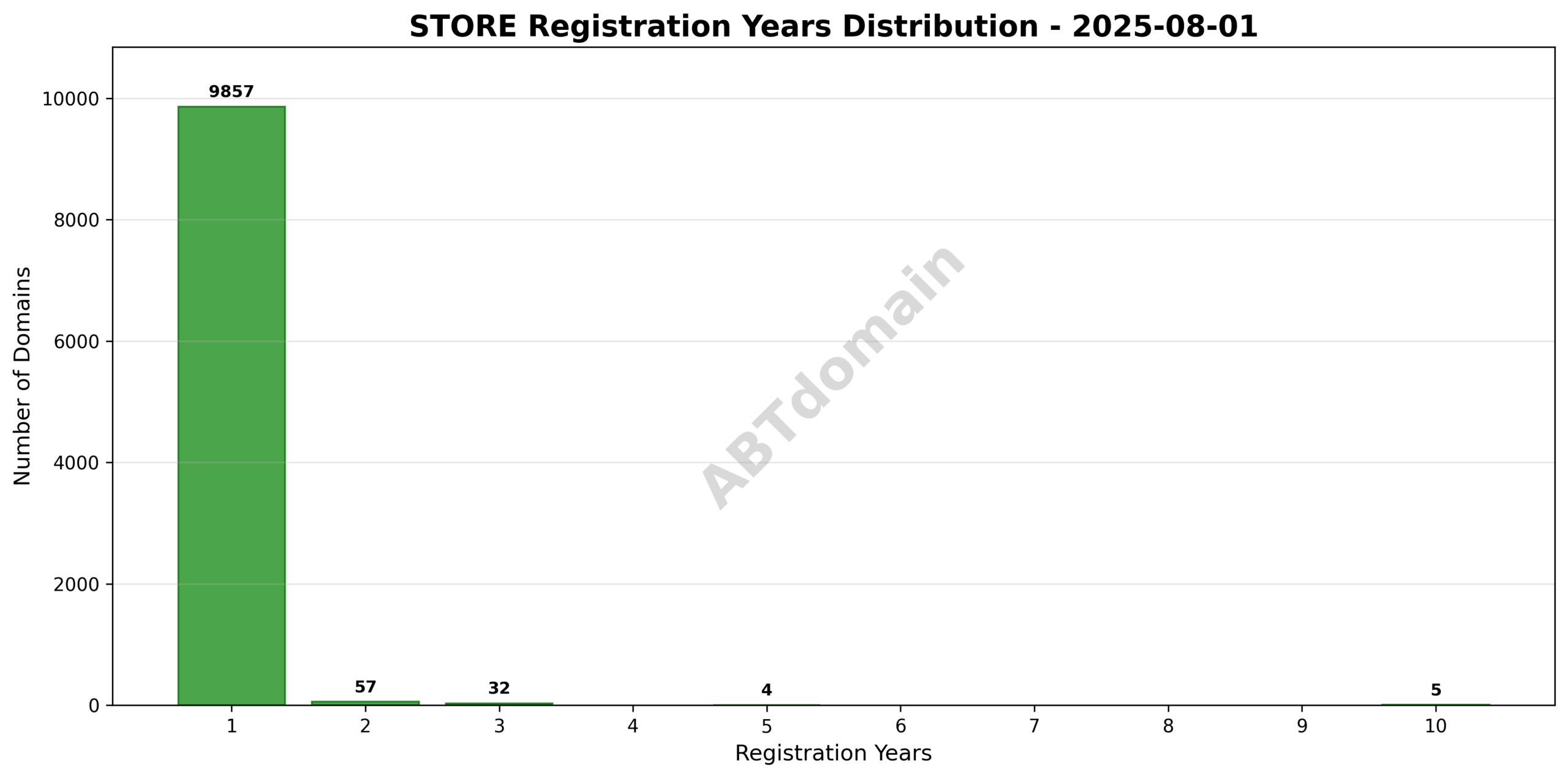 Bar chart illustrating the distribution of registration term lengths for STORE domains on 2025-08-01