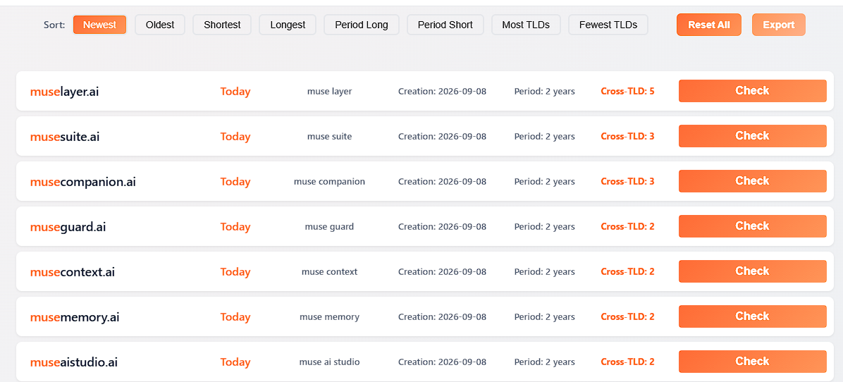 Seven muse-prefixed .ai domains registered on September 8, 2026, with two-year terms and Cross-TLD counts from 2 to 5